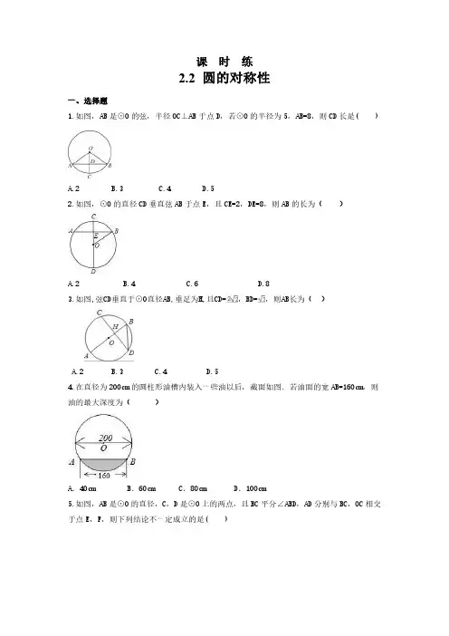 九年级数学苏科版上册课时练第2单元《 2.2 圆的对称性》(1) 练习试题试卷 含答案