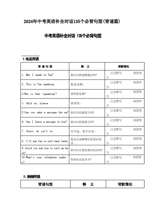 2024年中考英语补全对话135个必背句型(背诵篇) 