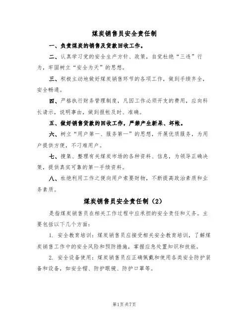 煤炭销售员安全责任制（5篇）