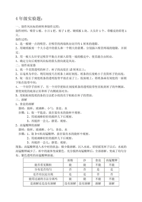 四年级上册科学实验
