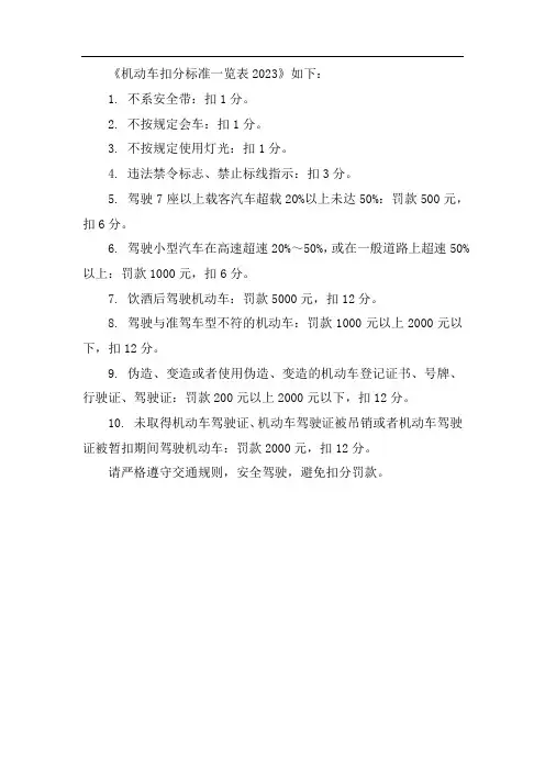 机动车扣分标准一览表2023