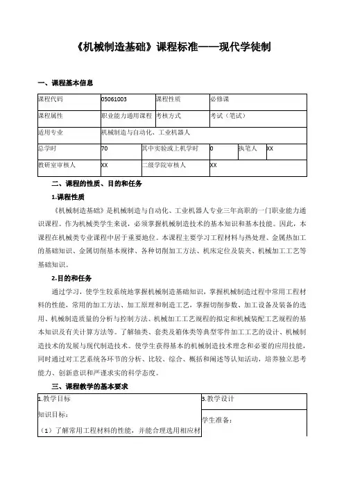 《机械制造基础》课程标准——现代学徒制