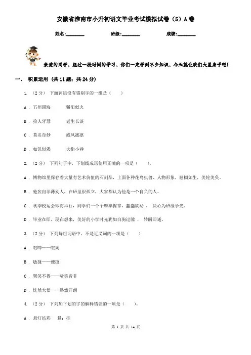 安徽省淮南市小升初语文毕业考试模拟试卷(5)A卷