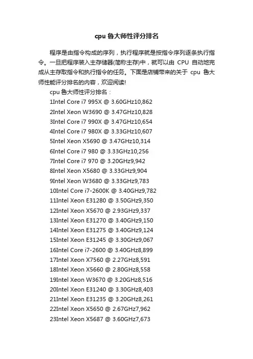 cpu鲁大师性评分排名