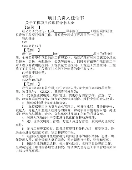 项目负责人任命书