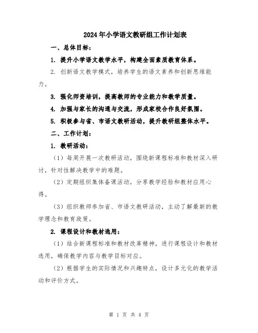 2024年小学语文教研组工作计划表