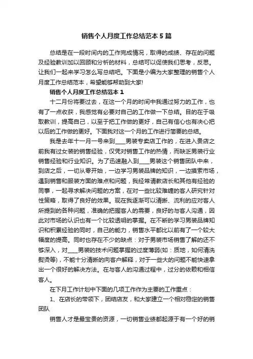 销售个人月度工作总结范本5篇