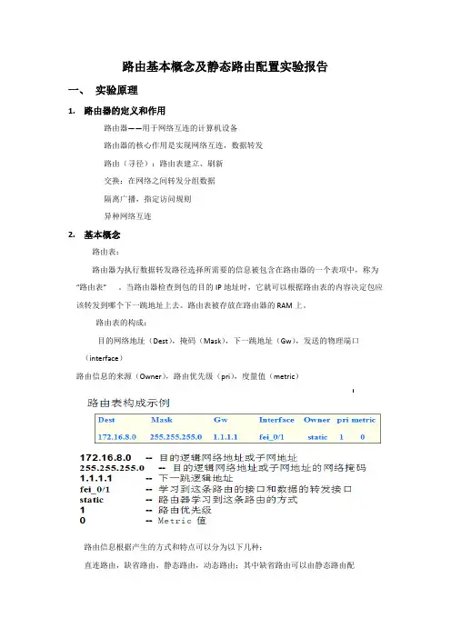 路由基本概念及静态路由配置实验报告