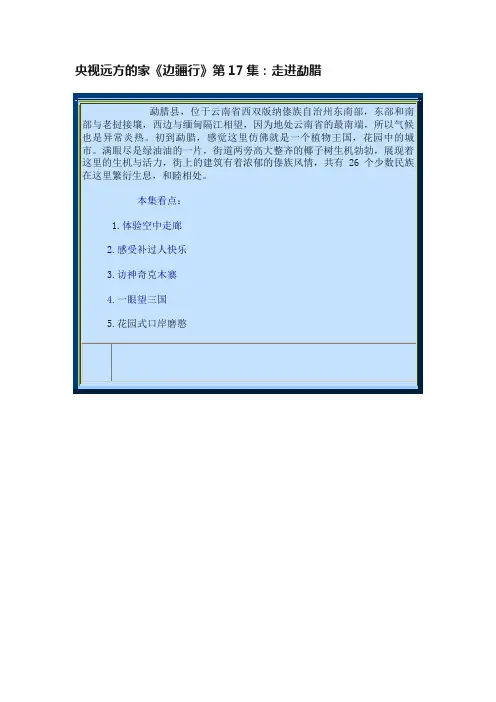 央视远方的家《边疆行》第17集：走进勐腊