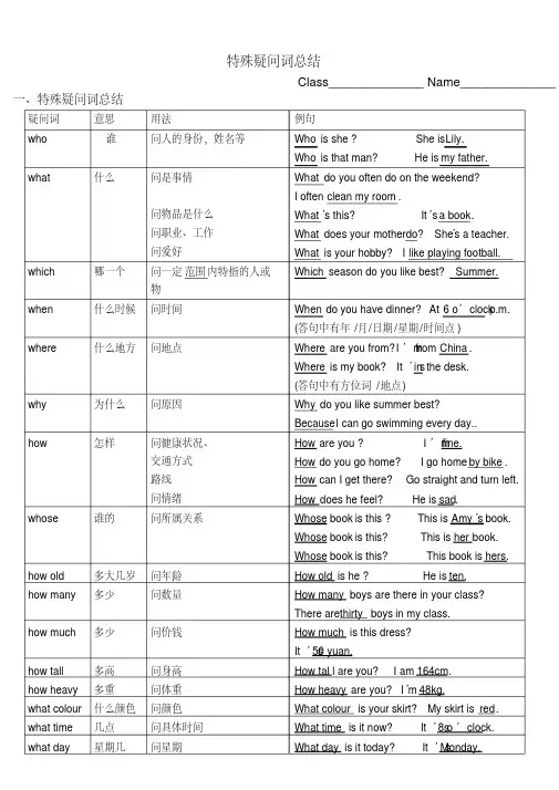 (完整版)特殊疑问词总结及配套练习