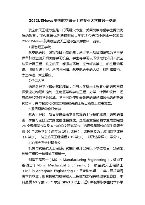 2022USNews美国航空航天工程专业大学排名一览表