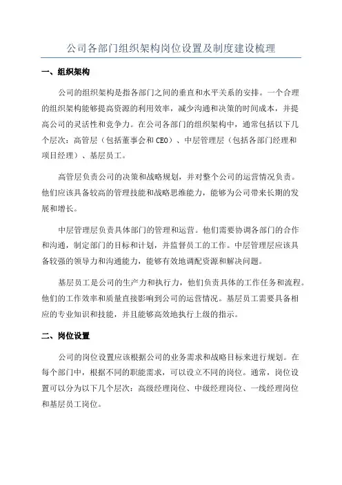 公司各部门组织架构岗位设置及制度建设梳理