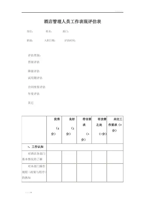 酒店管理人员工作表现评估表