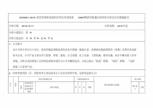 ISO9001-2015质量管理体系组织经营内外部因素SWOT风险和机遇识别评价分析及应对措施报告