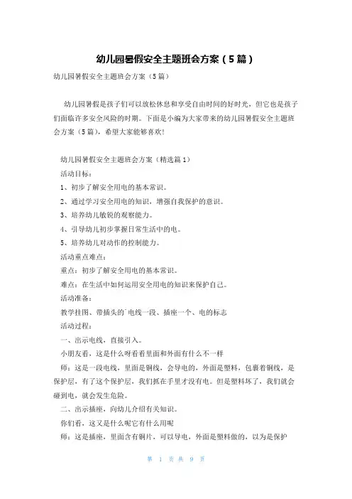 幼儿园暑假安全主题班会方案(5篇)