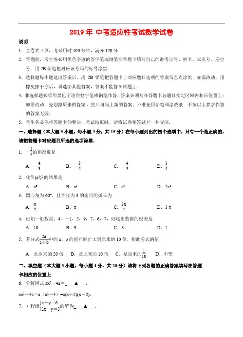 2019年 中考适应性考试数学试卷及答案