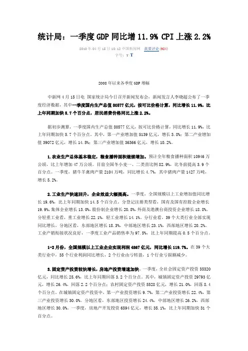 2010第一季度经济相关数据