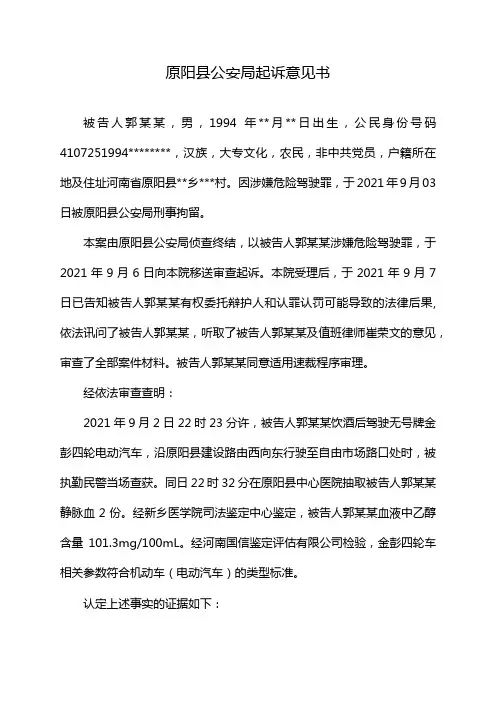 原阳县公安局起诉意见书