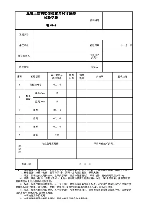 001-表C7-3 混凝土结构实体位置与尺寸偏差检验记录