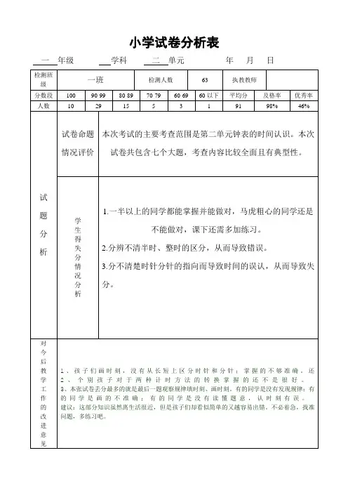 青岛版一年级数学第二单元试卷分析
