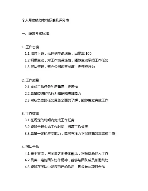 个人月度绩效考绩标准及评分表