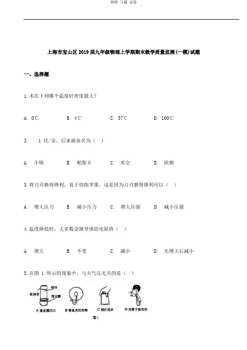 【推荐】上海市宝山区2019届九年级物理上学期期末教学质量监测(一模)试题.docx