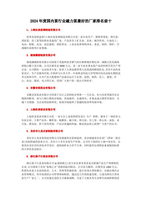 2024年度国内泵行业磁力泵最好的厂家排名前十