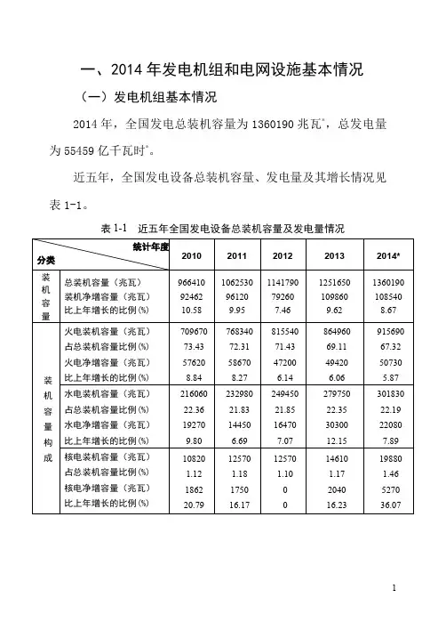 一、2014年发电机组和电网设施基本情况