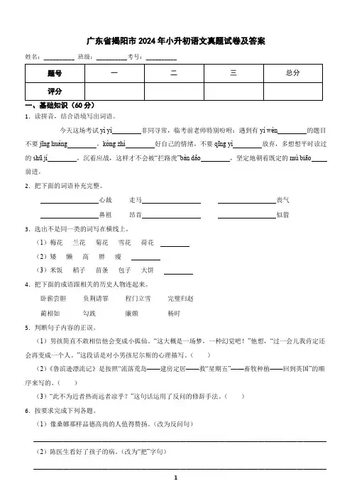 广东省揭阳市2024年小升初语文真题试卷及答案