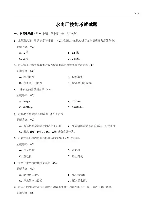 水电厂技能考试试题