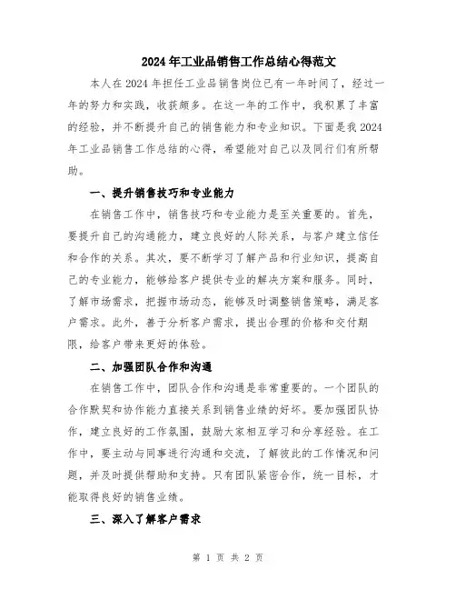 2024年工业品销售工作总结心得范文