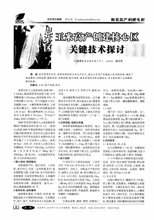 思茅区玉米高产创建核心区关键技术探讨