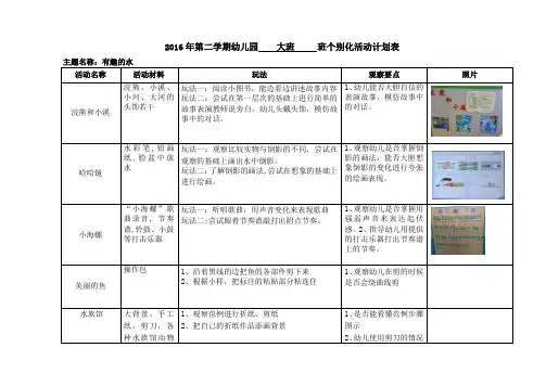 《有趣的水》主题个别化活动计划表
