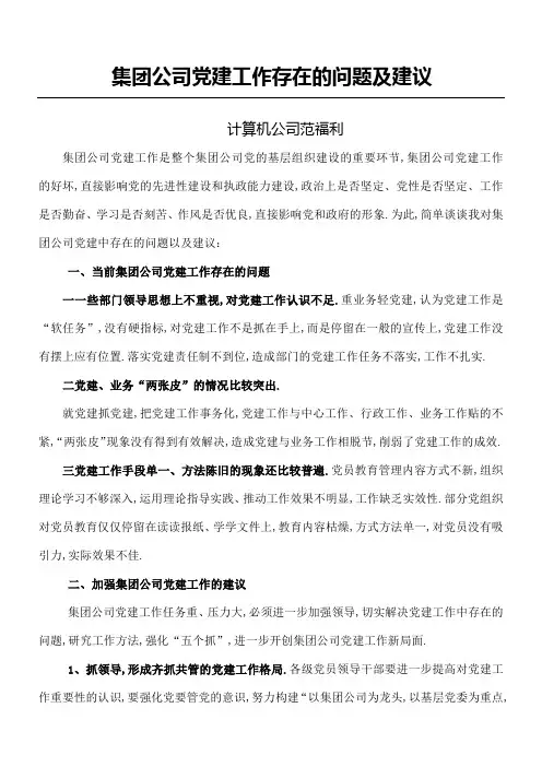 集团公司党建工作存在的问题及建议