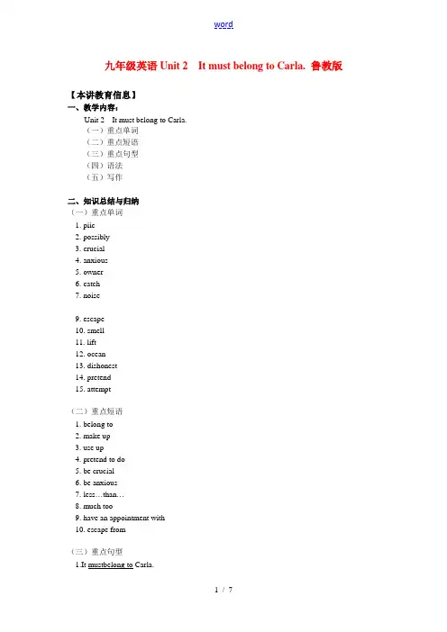 九年级英语 Unit 2  It must belong to Carla. 鲁教版 知识精讲