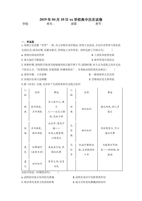 山东省实验中学2019届高三第四次模拟考试文科综合 历史部分