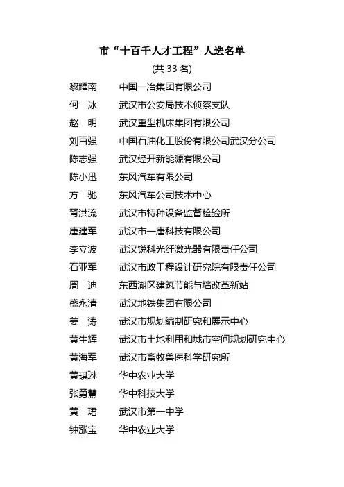 市“十百千人才工程”人选名单