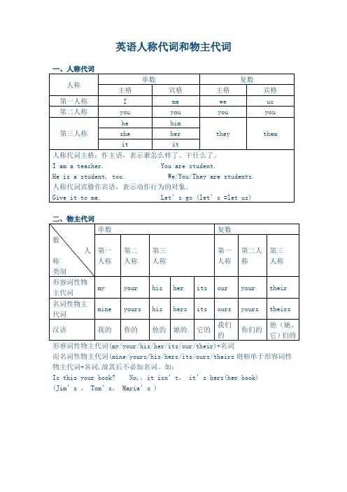 英语人称代词和物主代词