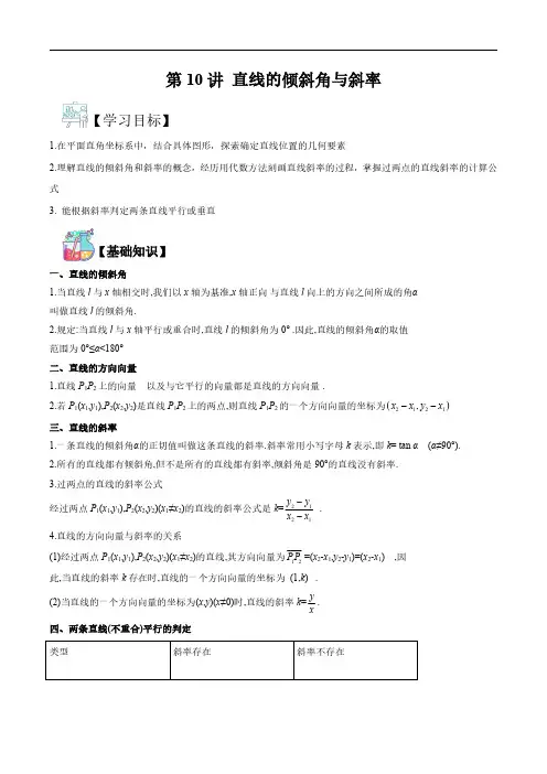 第10讲 直线的倾斜角与斜率(学生版)-2023年新高二暑期数学衔接(新人教版)