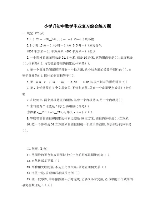 小学升初中数学毕业复习综合练习题