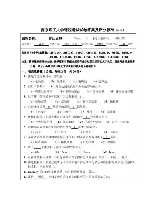 南京理工大学雷达原理试卷及答案(2016年A卷)