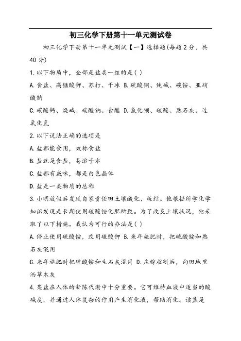 初三化学下册第十一单元测试卷
