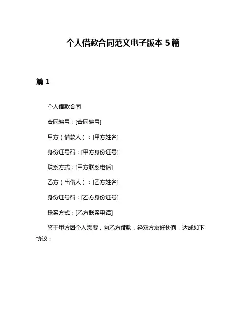 个人借款合同范文电子版本5篇