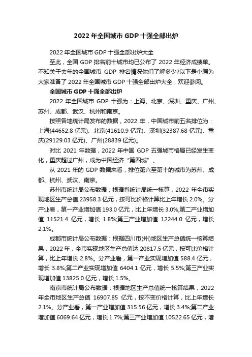 2022年全国城市GDP十强全部出炉
