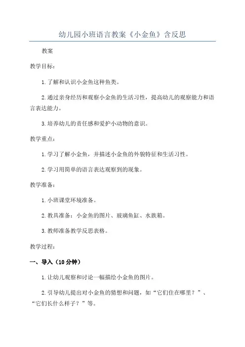 幼儿园小班语言教案《小金鱼》含反思