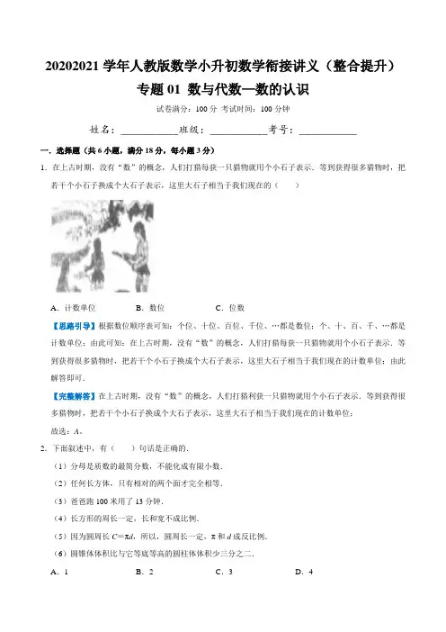 专题01《数与代数数的认识》数学小升初数学衔接精编讲义(解析)人教版