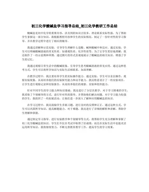 初三化学酸碱盐学习指导总结_初三化学教研工作总结
