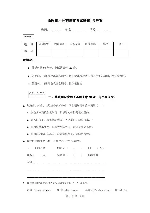 衡阳市小升初语文考试试题 含答案