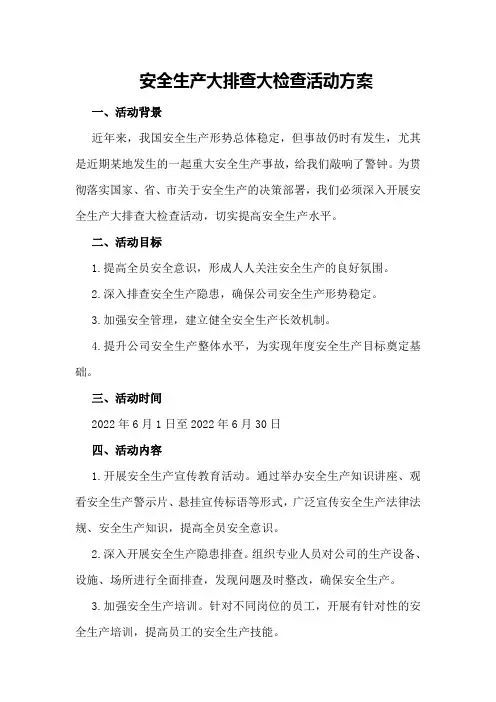 安全生产大排查大检查活动方案