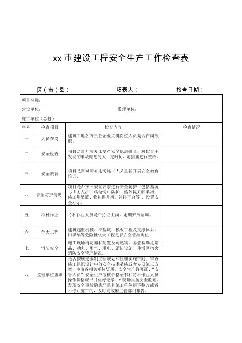 建设工程安全生产工作检查表
